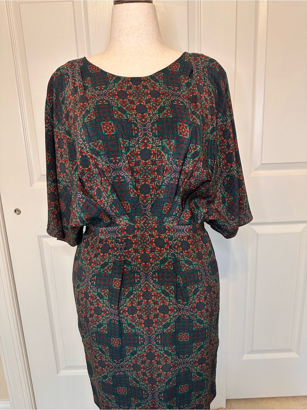 Nieves Lavi Silk Dress in Teal, Burgundy & Gold Print
